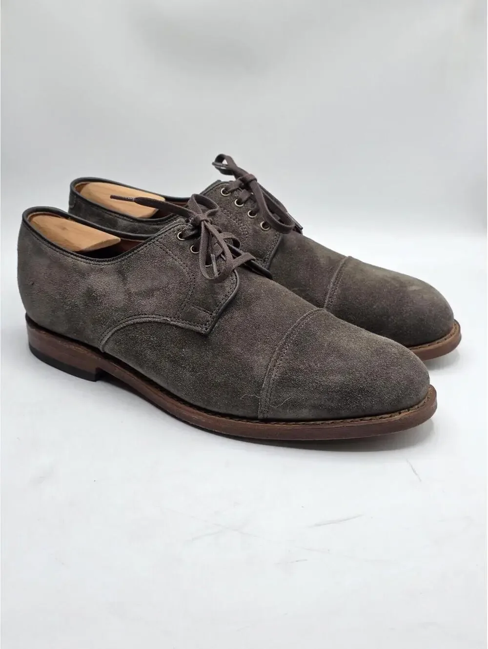 Vtg 2009 Allen Edmonds Tate Suede Cap Toe Derby 7.5 D Taupe Brown USA Box 3372